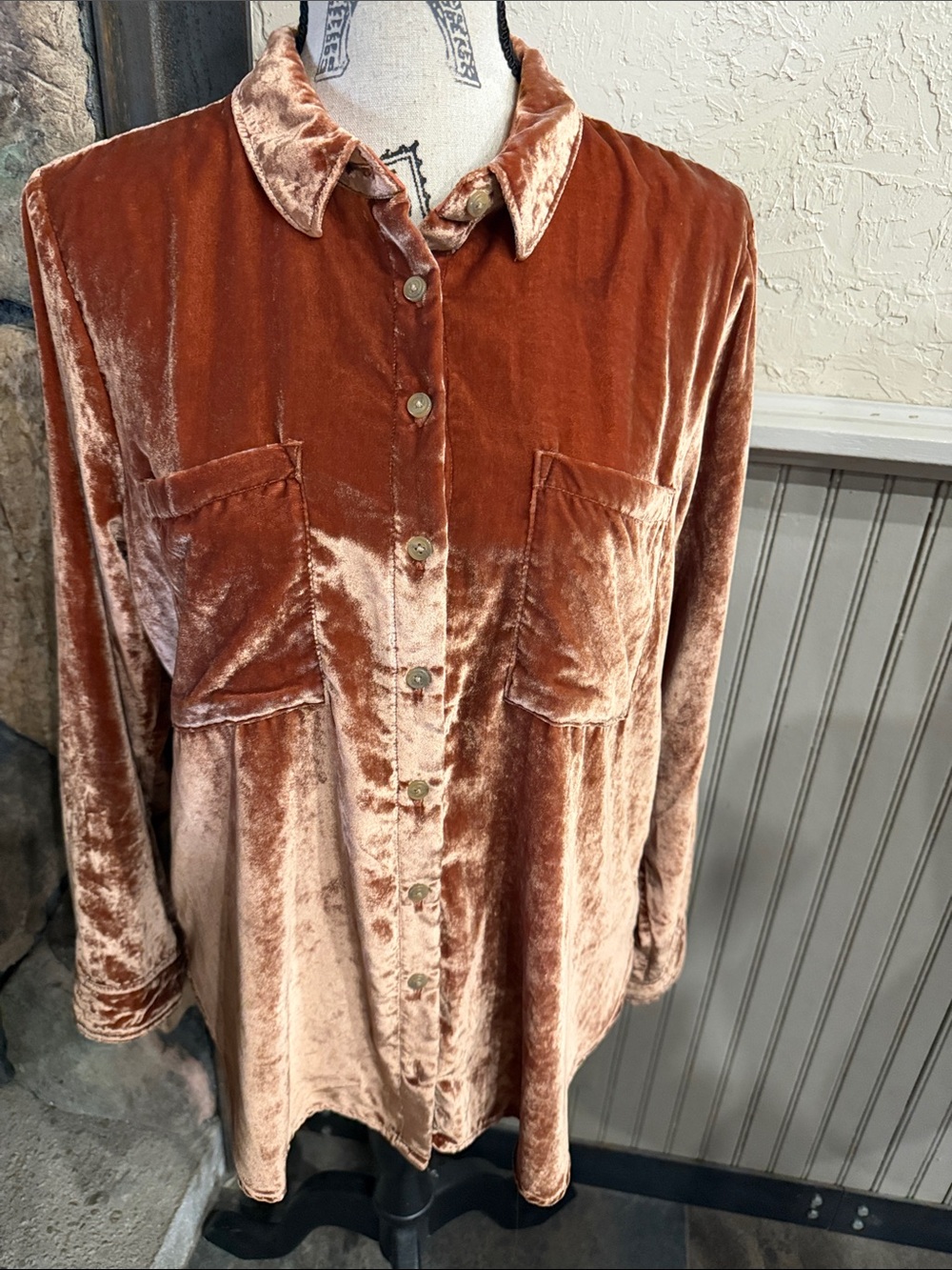 Anthropologie Velvet Button-Down Shirt in Rust and Blush